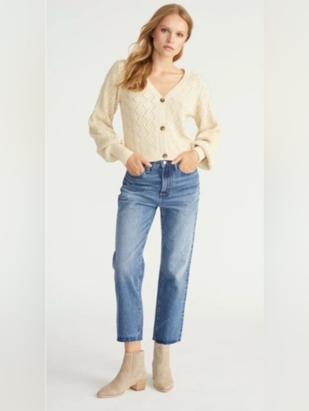 Driftwood Ladies Distressed Straight Leg Size 28 Jeans Raw Heam